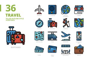 旅行主题填充轮廓样式图标集 Travel Filled Outline Icon Set