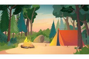 森林露营矢量插画背景 Camping On Meadow – Illustration Background