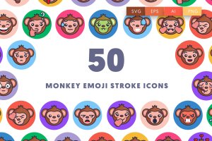 50个猴子Emoji表情笔划图标 50 Monkey Emoji Stroke Icons