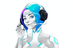 带耳机女性系统机器人矢量插画 Female Android with Headphones