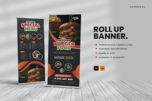 西餐食品易拉宝Banner设计模板 Food Roll Up Banner Template