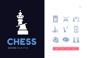 30枚国际象棋实心图标矢量素材 30 Icons CHESS Solid Style