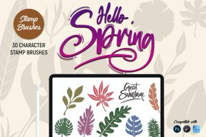 春天叶子元素印章Procreate笔刷 Hello Spring | Stamp Brushes