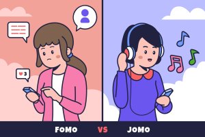 女性社交状态对比Fomo Vs Jomo矢量插画 Fomo Vs Jomo Illustration