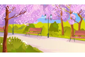城市樱花公园矢量插画背景 City Park – Illustration Background
