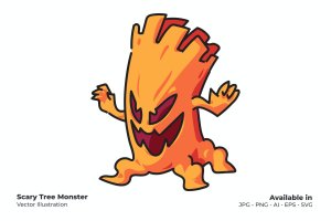 凶恶树怪物卡通插画矢量素材 Scary Tree Monster
