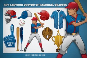 棒球元素卡通插画矢量素材 set cartoon vector of baseball objects