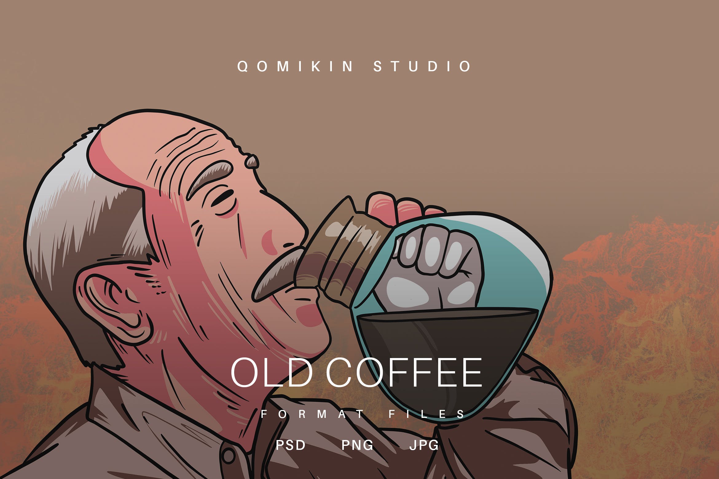 老人喝咖啡插画&封面背景素材 Old Coffee Illustration