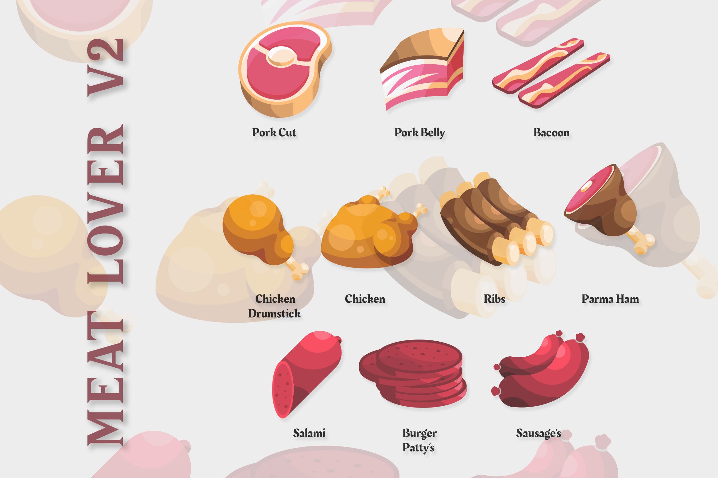 羊肉、猪肉、牛肉等卡通风格的肉类图片插画图片素材_ID:302985931-Veer图库