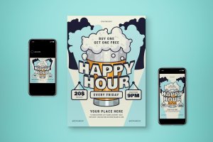 欢乐时光啤酒海报传单设计模板合集 Happy Hour Beer Flyer Set