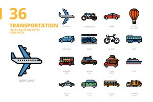 交通工具主题填充轮廓样式图标集 Transportation  Filled Outline Style Icon Set