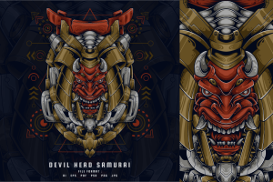 魔鬼头武士机器人矢量插画模板 Devil Head Samurai Robotic