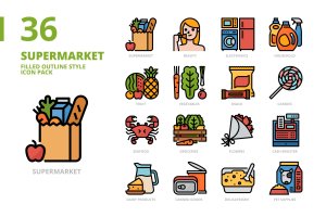 超级市场主题填充轮廓样式图标集 Supermarket Filled Outline Style Icon Set
