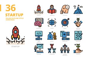 业务启动主题填充轮廓样式图标集 Startup Filled Outline Style Icon Set