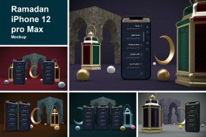 3D斋月元素背景iPhone 12 Pro Max手机样机 Ramadan iPhone 12