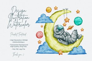 宇航员月亮水彩设计插画 Astronaut Moon Watercolor Design Illustration