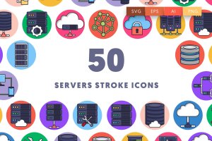 50个服务器业务主题笔划图标 50 Servers Stroke Icons