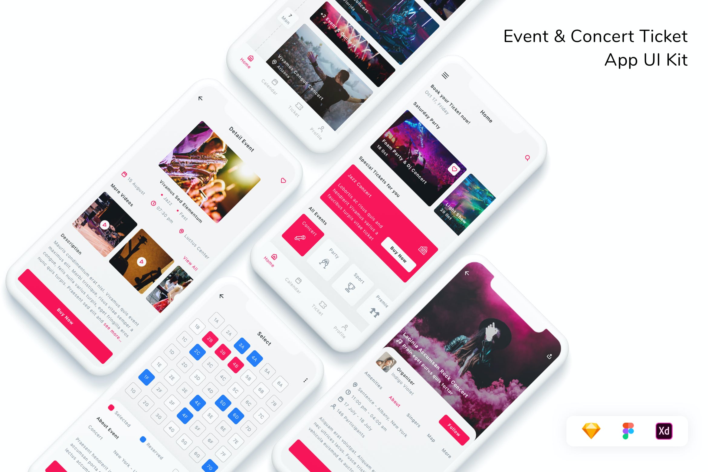 活动&音乐会门票App UI界面设计套件 Event & Concert Ticket App UI Kit