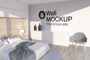 卧室室内墙体作品展示样机 Wall Mockup in Room