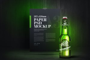 绿色暗黑场景A3海报&啤酒瓶样机  Beer Bottle Mockup Green A3 Poster Dark Scene