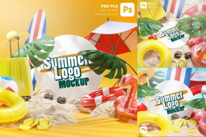 夏日3D海滩配件Logo展示样机 Logo Mockup Summer Beach Accessories 3D Pack