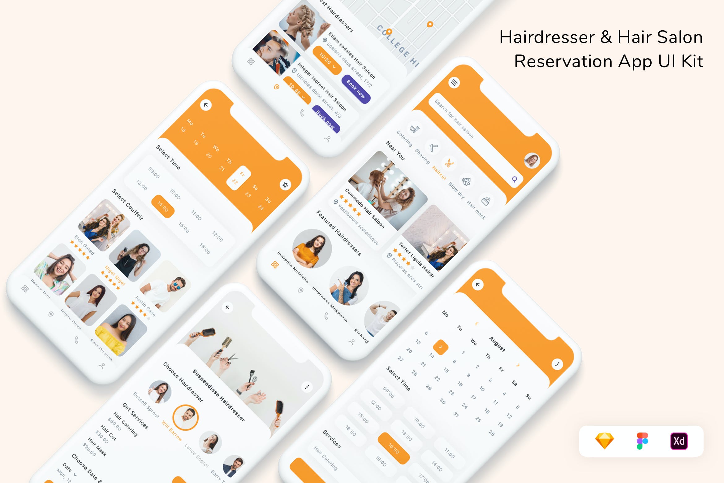 美发师和美发沙龙预订App UI界面设计套件 Hairdresser & Hair Salon Reservation App UI Kit