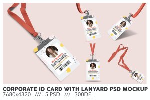 公司挂绳ID工作证PSD样机 Corporate ID Card With Lanyard PSD Mockup