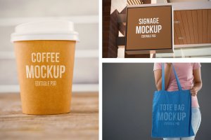 咖啡杯、标牌和购物袋设计样机 Coffee Cup, Signage, and Bag Mockups