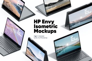 HP Envy惠普笔记本电脑等距屏幕样机模板 HP Envy Isometric Mockups