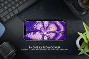 办公桌面背景iPhone12苹果手机psd样机模板v2 Phone 12 PSD Mockups with Background