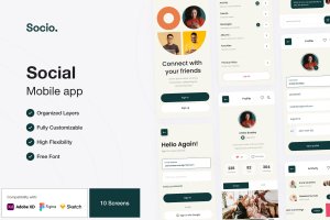 聊天社交App UI设计套件 Socio – Social Media Mobile App UI Kit