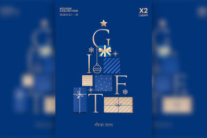 蓝色圣诞礼品促销活动海报设计韩国素材[PSD]