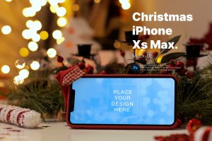 圣诞装饰背景横屏iPhoneXs Max手机样机 Mockup Christmas Edition: iPhone Xs on the Table