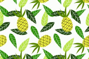 菠萝叶子背景无缝图案 Pineapple on Leaves Background Seamless Pattern
