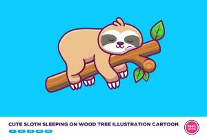 可爱的树木树懒插画素材 Cute Sloth Sleeping On Wood Tree Illustration