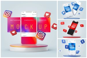 社交图标元素Banner和iPhone手机样机集 Social Media Banners Mockup Set