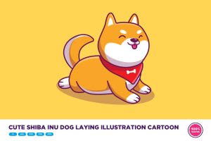 可爱的柴犬小狗卡通插画 Cute Shiba Inu Dog Laying Illustration Cartoon