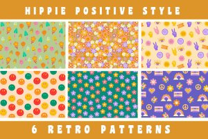 90年代复古嬉皮士无缝图案 Retro Hippie Seamless Patterns 90s