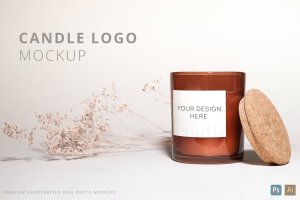 秋季简约背景蜡烛标志标签展示样机 Candle Logo Mockup Minimalistic White Background