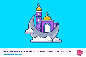 月亮云彩清真寺卡通插画 Mosque With Moon And Cloud Illustration Cartoon