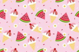 冰淇淋和西瓜无缝图案 Ice-cream and Pink Watermelon Seamless Pattern
