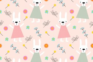 可爱的兔子娃娃和花朵无缝图案 Cute Rabbit Doll and Flower Seamless Pattern