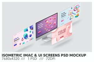 等距iMac电脑和UI屏幕展示PSD样机 Isometric iMac & UI screens PSD Mockup