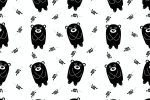 黑色熊和叶子无缝图案 Black Bear and Black leaves Seamless Pattern