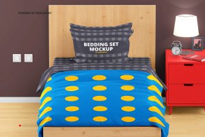 卧室单人床上用品面料图案设计样机 Bedroom, Single Bed Mockup