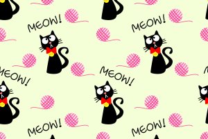黑猫和针织球无缝图案 Black Cat and Knit Ball Seamless Pattern