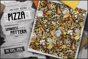 披萨卡通无缝图案素材 Pizza Cartoon Seamless Pattern