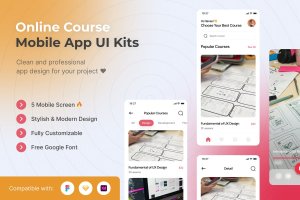 在线课程App界面设计UI模板 Online Course Mobile App UI Kits Template