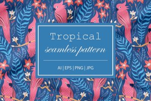 热带&鸟类无缝图案素材 Seamless Tropical Pattern with Birds