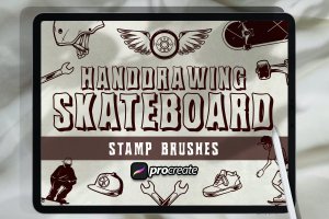 手绘滑板印章Procreate笔刷素材 Hand Drawing Skateboard Brush Stamp
